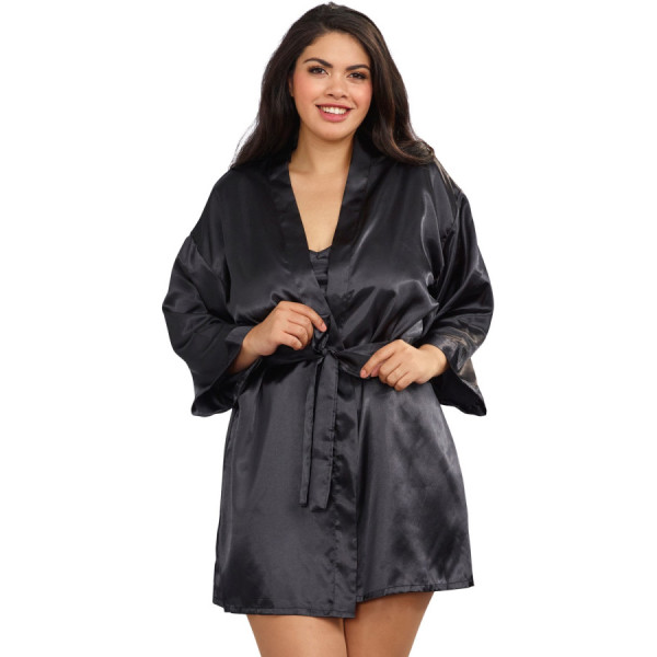 Nuisette grande taille noire avec peignoir satinés 